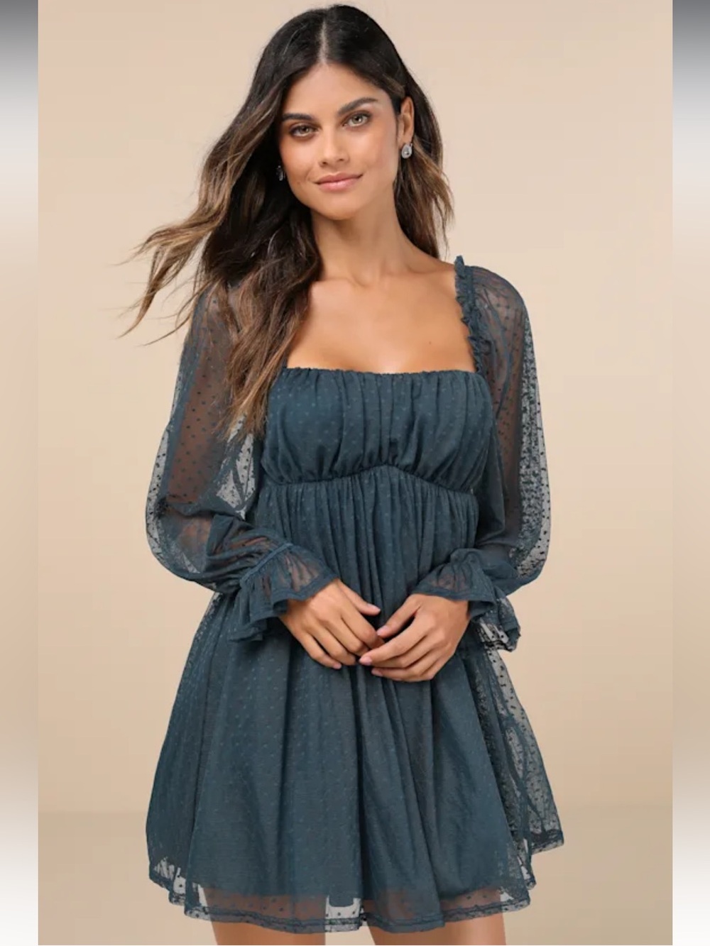 Lulus NWT Dreamy Sweetness Dark Teal Swiss Dot Ruffled Mini Babydoll Dress XL